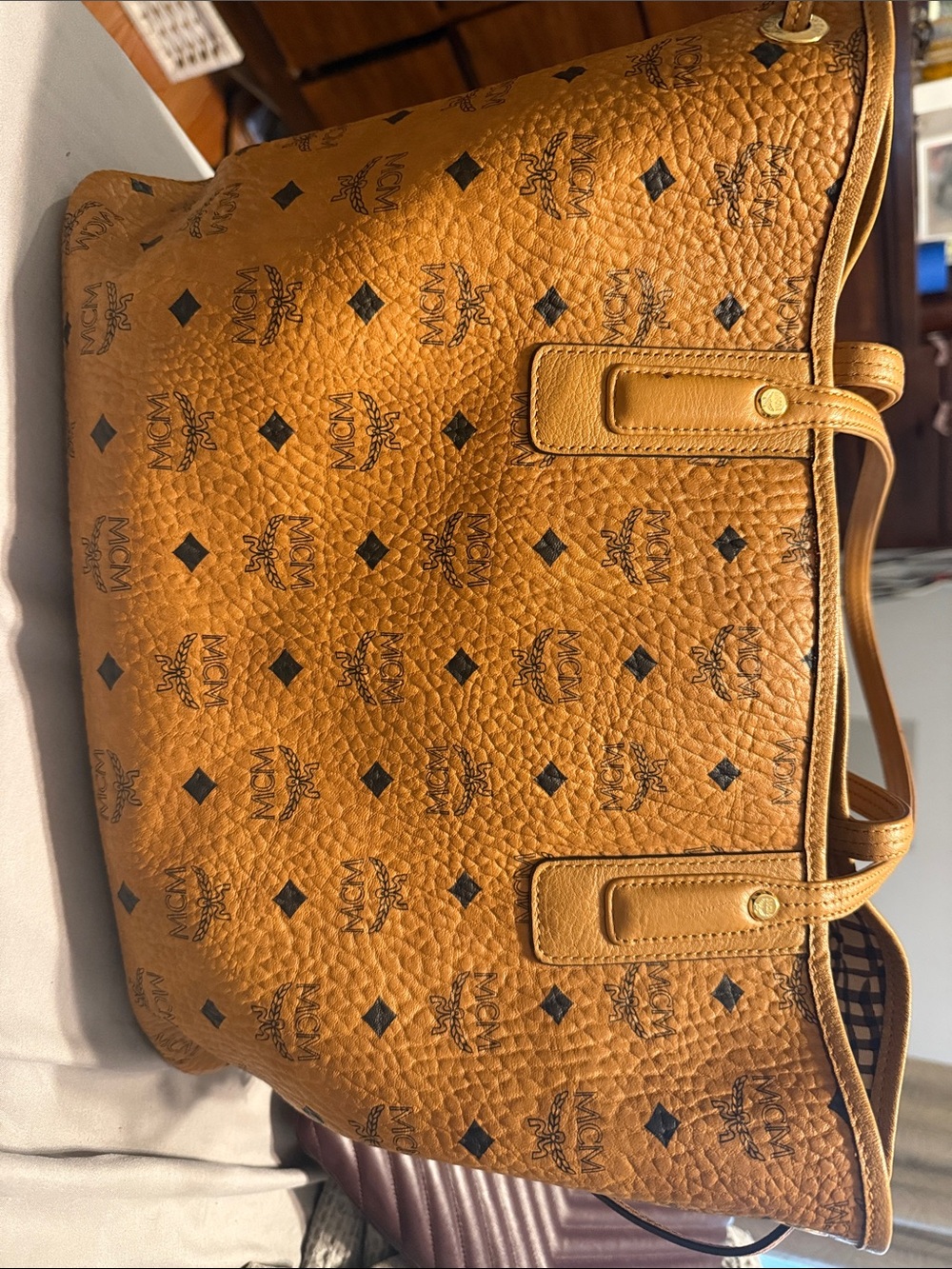 MCM Cognac Logo-Print Coated Canvas Tote